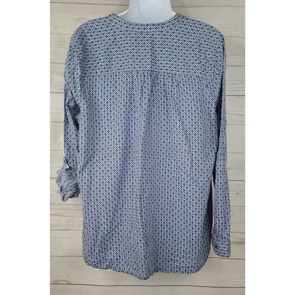 Joe Fresh Large Peasant Top Blue Roll Tab Sleeve Button Down Blouse - Picture 2 of 7